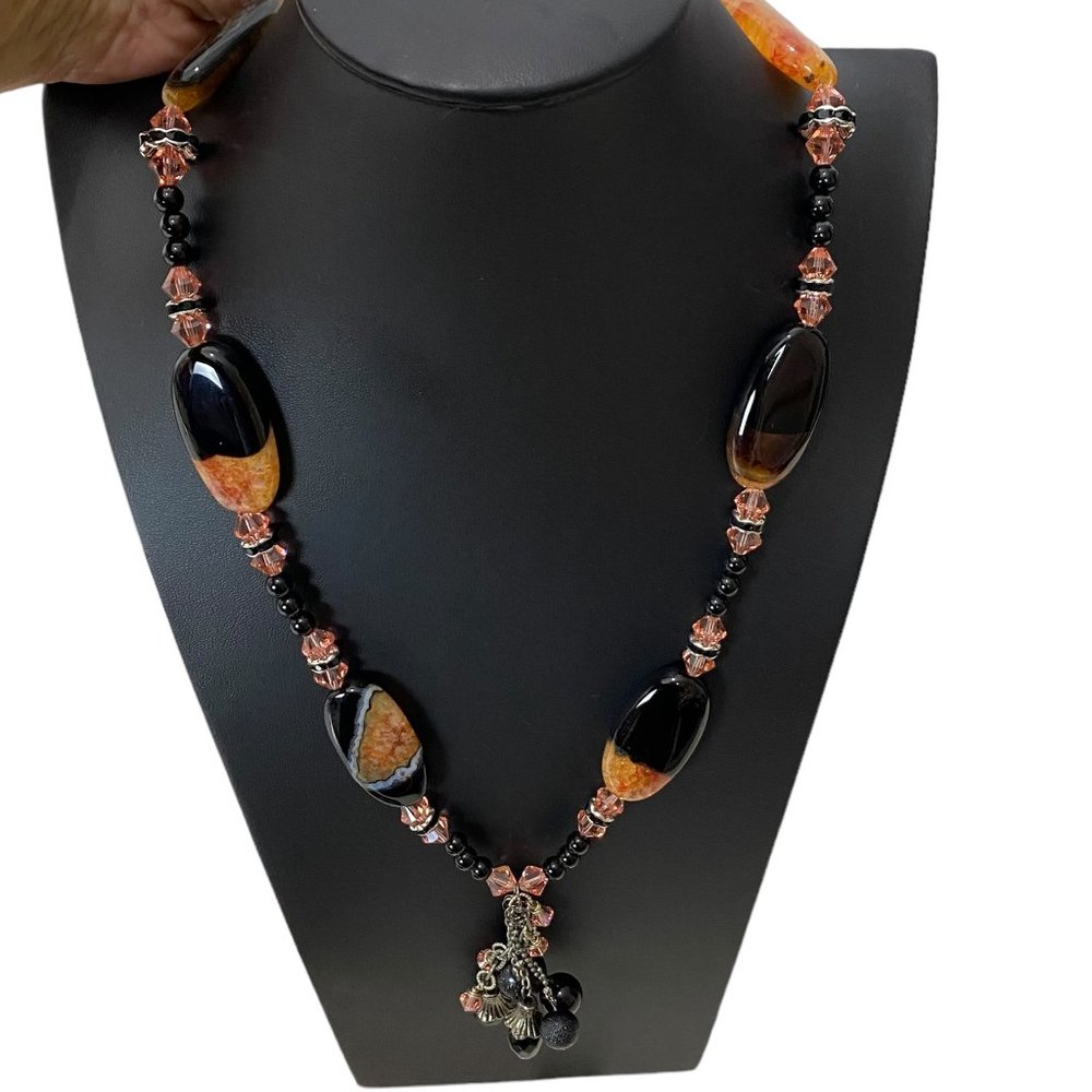 (4-111) NWOT Black & Orange Druzy Agate Long Necklace - One of a Kind - Handmade